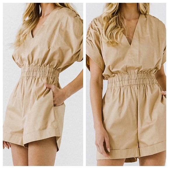 Zara Short Pleated Jumpsuit Taupe Romper With Elastic Detail Size S NWOT - Picture 4 of 4